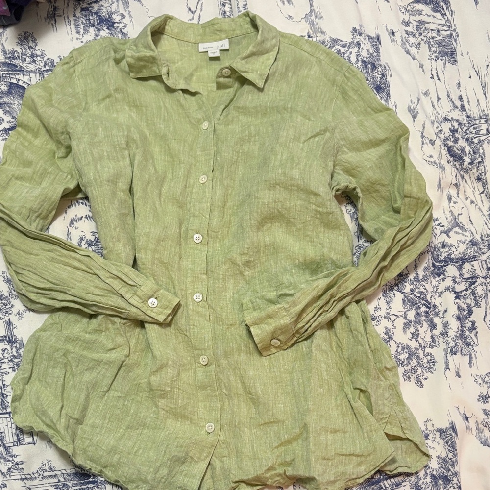 Green Linen J. Jill Long Sleeve Collared Button Down Women’s Blouse Size Small